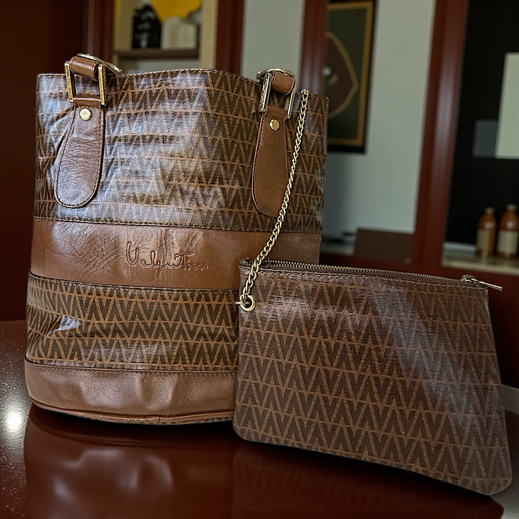 Valentino Brown Geometric Tote And Pouch Set Classic Excellent Cond Duo Luxury